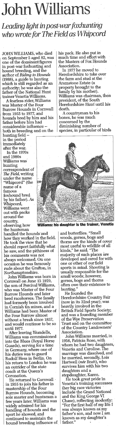 Obituary for John Williams from The Daily Telegraph, 7th Oct 2011