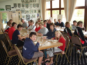 A cross section of players enjoying the pre match lunch, including Mat Oddy, the current Captain of Fives